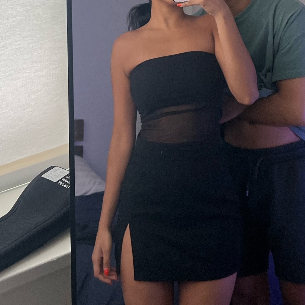 Black Strapless Top with Sheer Panel